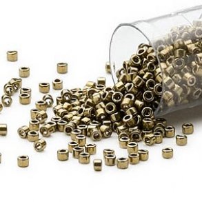 Delica, size #11, metallic olive, glass bead, 1.1x1.7mm, 5.2 grams.