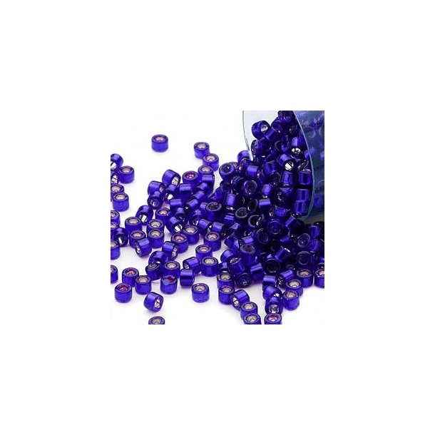 Delica, size #11, iridescent royal purple glass bead, silver-lined, 1.1x1.7mm, 5.2 grams.