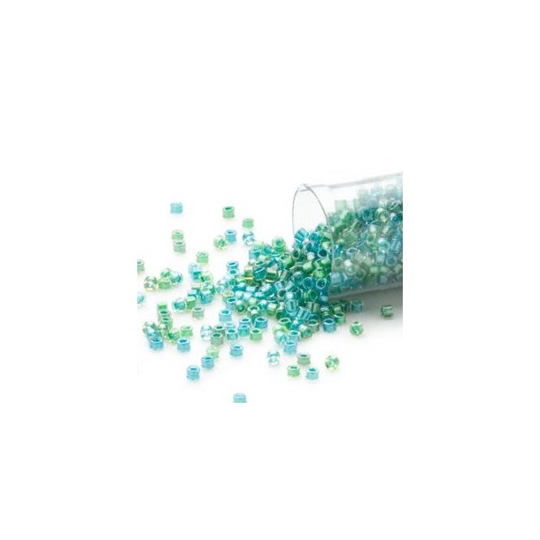 Delica, size #11, aqua and teal glass bead, semi transparant, 1.1x1.7mm, 5.2 grams.