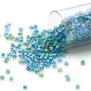 Delica, Größe#11, gemischte Farben, grün und blau, 1,1x1,7 mm, 5,2 g