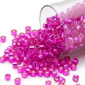 Delica, size #11, silver-lined fuchsia, 1.1x1.7mm, 5.2 grams.