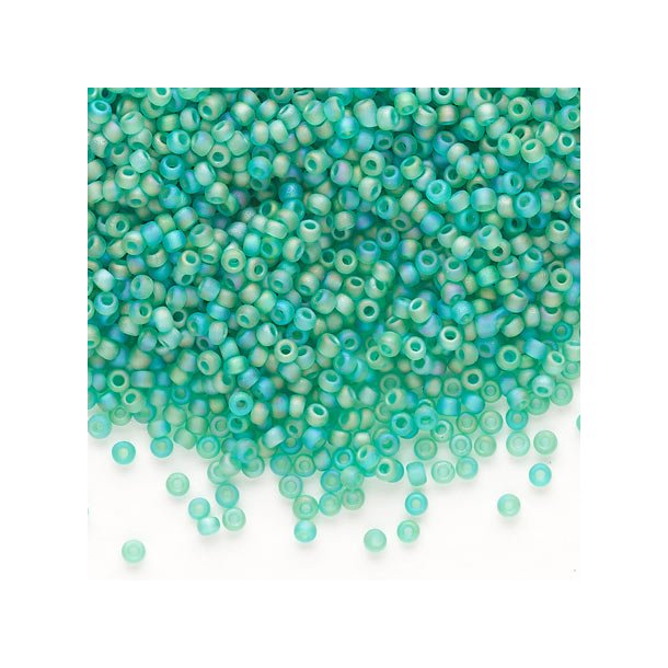 Matsuno seed bead #11, transparent, rainbow green,, opaque, 2x1.6mm, 40gr, ca. 4100pcs, 