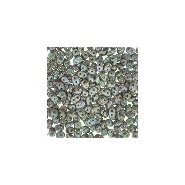 Matubo Mini-Duo, 2-Loch-Perle, grau-grn, braun-fleckig, opak, 2x4 mm, 8 g, ca. 180 Stk