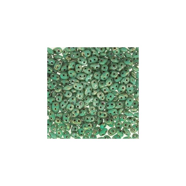 Matubo Super-duo, 2-hole bead, green Picasso, opaque, 2.5x5mm, 22g, approx. 360 pcs