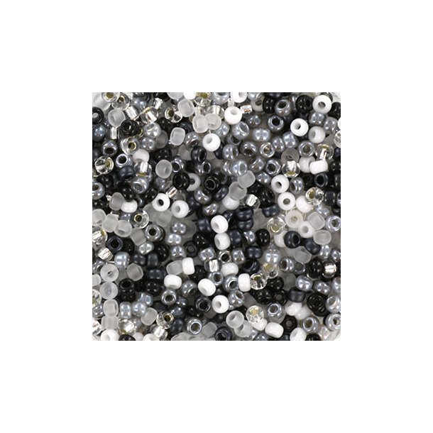 Miyuki seed bead, sort-gr-hvid mix, strrelse #11, 2x1,5 mm,, 22gr. ca. 2250 stk