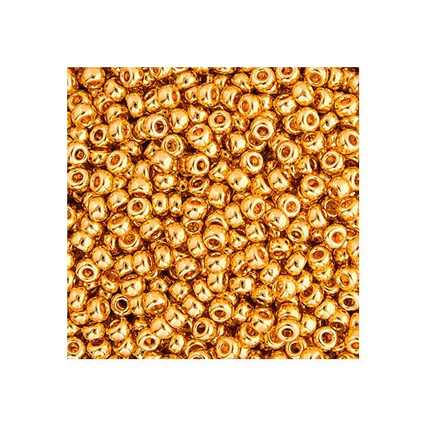 Miyuki seed bead, 24 karat gold plating, size #11, 2x1.5 mm, 4.5gr. 500pcs