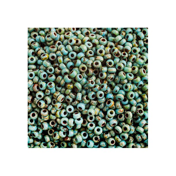 Miyuki seed bead, Turquoise Blue Picasso, size #11, 2x1,5 mm, ca. 2250 pcs
