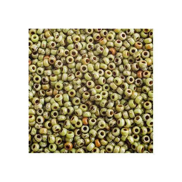 Miyuki seed bead, hell-grn picasso, Gre #11, 2x1,5 mm, ca. 1200 stk