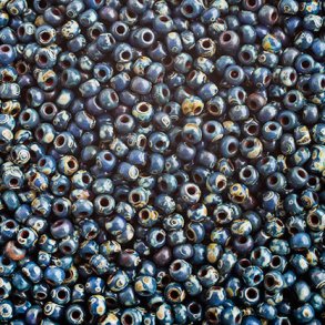 Miyuki seed bead, dunkelblau-grün picasso, Größe #11, 2x1,5 mm, ca. 1200 Stk