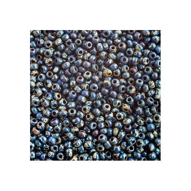 Miyuki seed bead, mrk bl-grn picasso, strrelse #11, 2x1,5 mm, 1200 stk