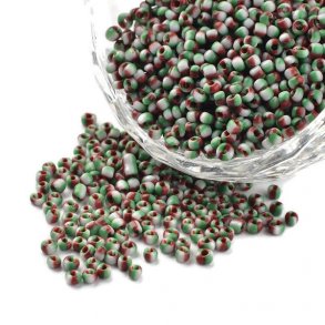 Striped glass seed bead, #12, white, green and red, 2 mm, ca. 700 pcs.