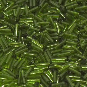 Miyuki, kleine Glasperlen, bugle beads, transparent, oliven-grn, 3x1,5 mm, 10gr