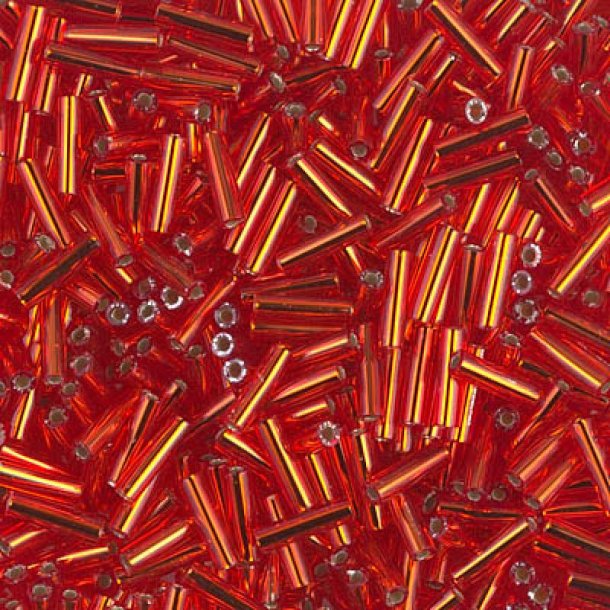 Miyuki, Glass bugle beads, flame red, silver lined, opaque, 6x1.7 mm, 10 g.