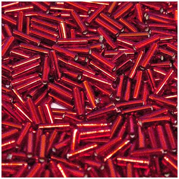 Miyuki, Glass bugle beads, ruby red, silver lined, opaque, 6x1.7 mm, 10 g.