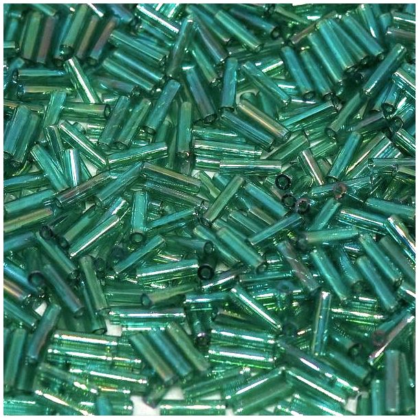 Miyuki, Glass bugle beads, green, transparent, iridescent AB, 6x1.7 mm, 10 g.