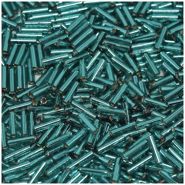Miyuki, Glass bugle beads, teal, silver lined, opaque, 6x1.7 mm, 10 g.