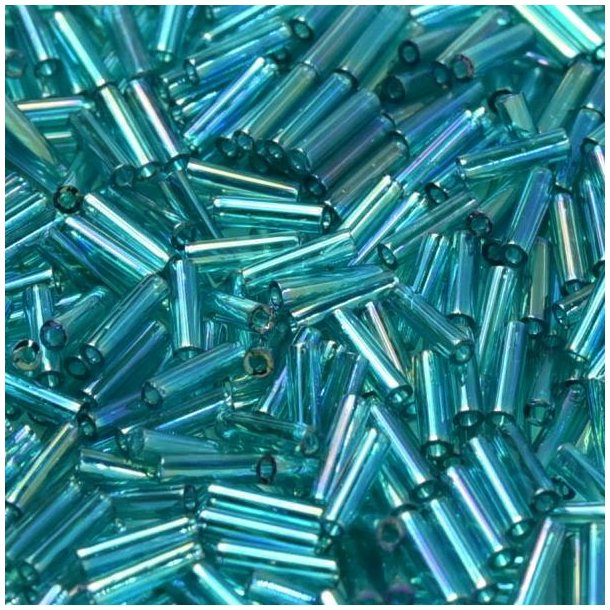 Miyuki, Glass bugle beads, teal, transparent, iridescent AB, 6x1.7 mm, 10 g.