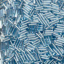 Miyuki, Bugle Beads, Glas, Rohrperle, hellblau, silver-line, 6x1,7 mm, Loch 0,8 mm, ca. 400 Stk