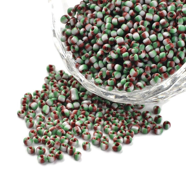 Gestreift Seed bead, #12, weiss, grün und rot, 2 mm, ca. 700 Stk.
