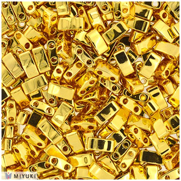 Miyuki half-Tila beads, opaque, 24ct gold-plated, 5x2.3mm, 5gr, approx. 130pcs