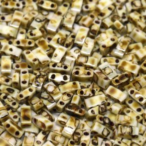 Miyuki half Tila, two-hole-bead, Picasso, white-brown, opaque, 5x2,3x2mm, 5g, ca. 130pcs
