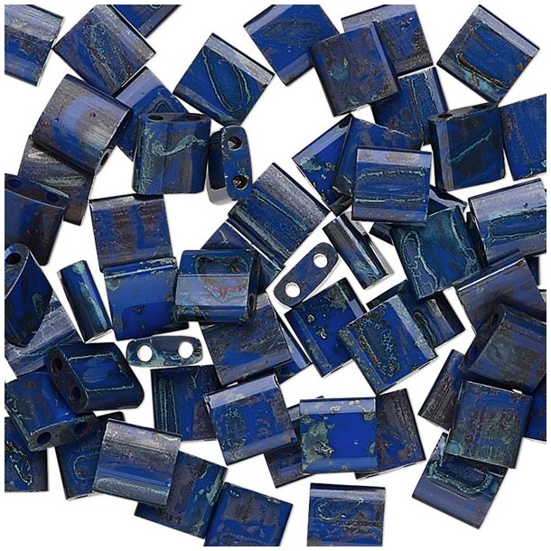 Miyuki Tila, two-hole-bead, opaque, stained cobalt blue, Picasso, 5x5x2mm, 10gr, 110pcs