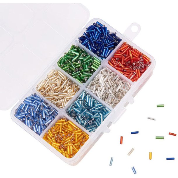 Bugle beads set, 6x1,8 mm, 8 silver line colors in box, ca. 3500 beads, 1 set