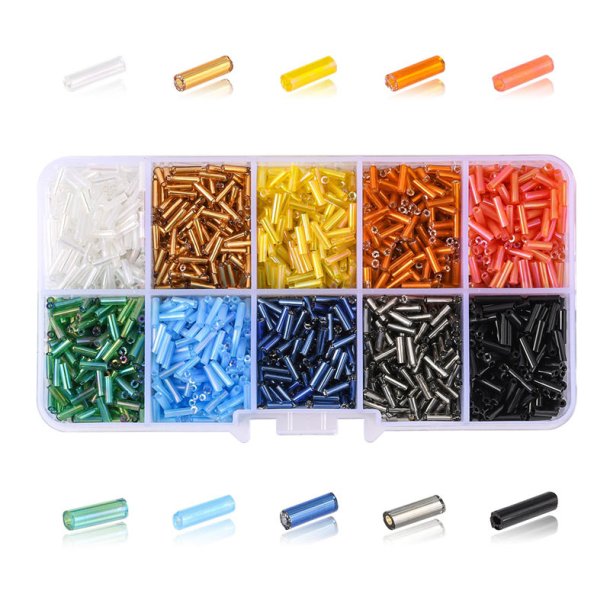 Rhrenperlen, Perlensatz, 10 verschiedene. AB-Farben und silverlined, 6x1,8 mm.