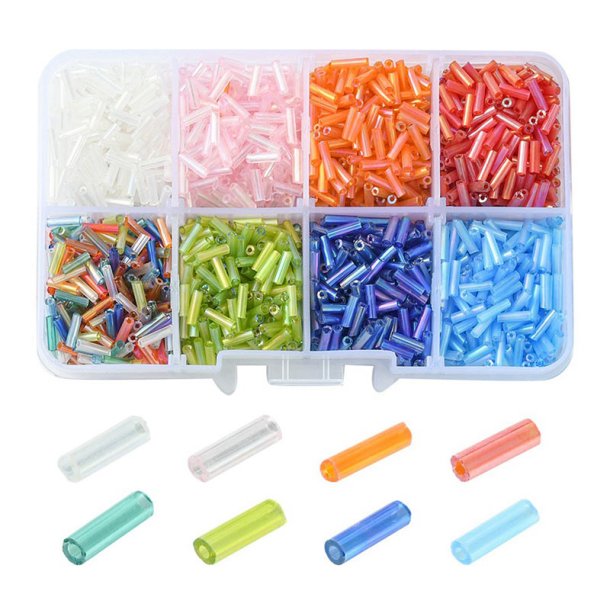 Tube beads, 8 semi-transparent AB colours in box, 6x1,8 mm, appx 3000 beads