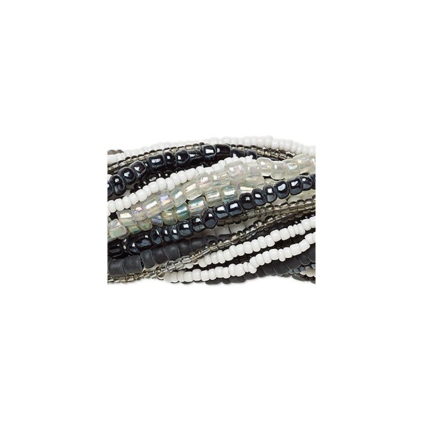 Seed bead mix, black, white and gray, sizes #10, #8, #6, total 20 strands, each length 35 cm