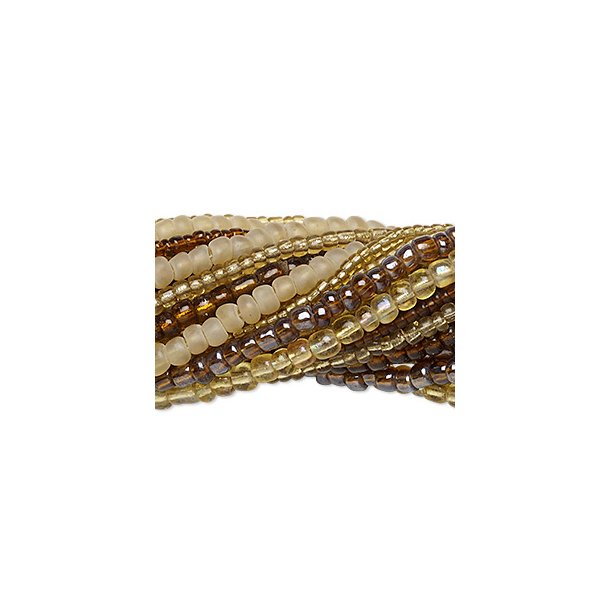 Seed bead mix, brown and golden, sizes # 10, # 8, # 6, in total 20 strands, each 35 cm