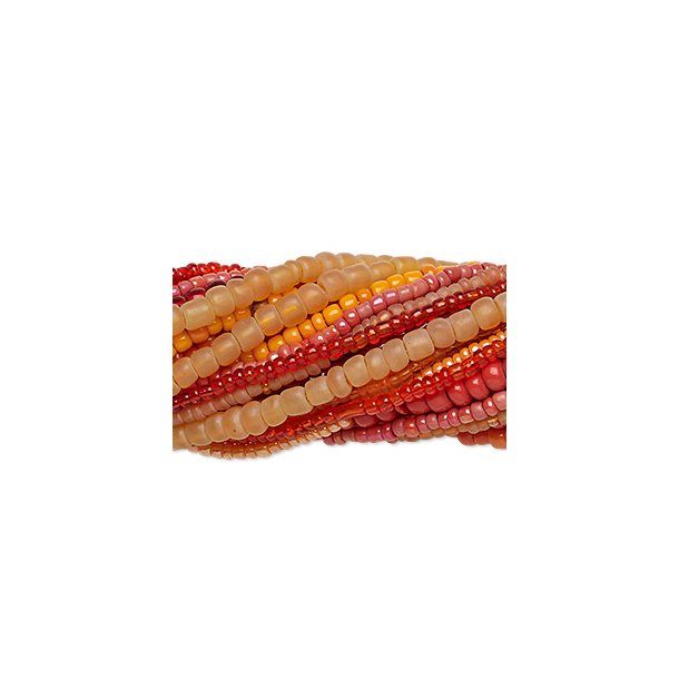 Seed bead mix, orange and red, sizes # 10, # 8, # 6, in total 20 strands, each 35 cm