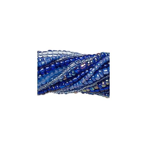 Seed bead mix, blue and light blue, sizes #10, #8, #6, in total 20 strands, each 35 cm