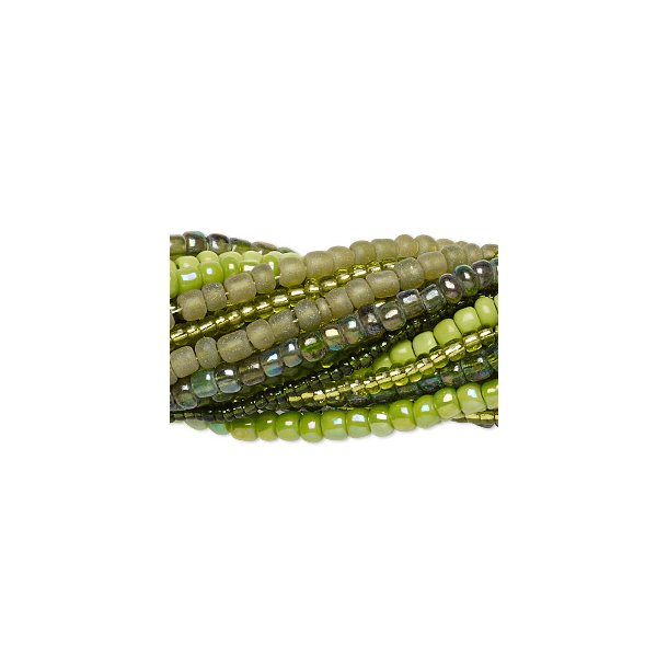Seed bead mix, green colors, sizes #10, #8, #6, in total 20 strands, each 35 cm