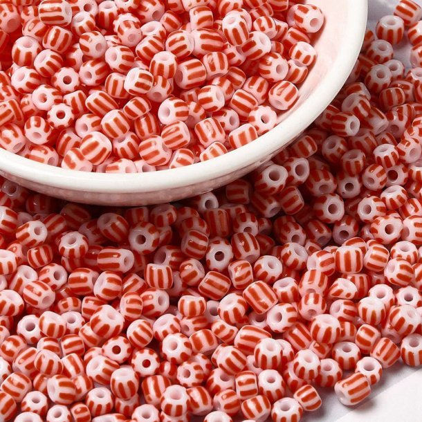 Striped glass seed bead, #6, white and red, 4 mm, ca. 260 pcs.