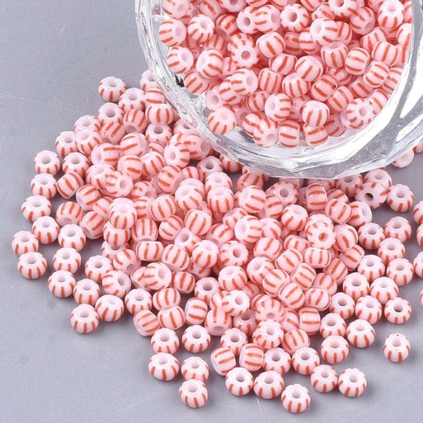 Striped glass seed bead, #8, white/red, 3 mm, ca. 600 pcs.