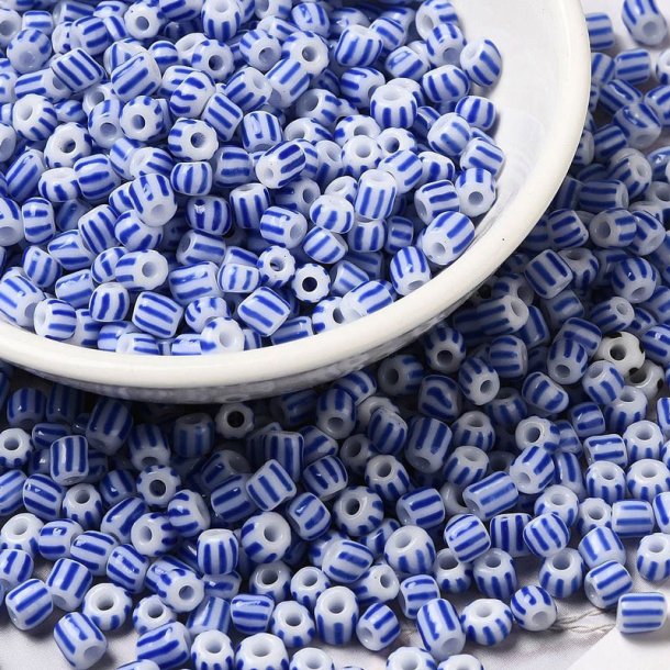 Striped glass seed bead, #6, white/dark blue, densely striped, 4 mm, 20 gr. appx. 260 pcs