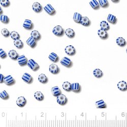 Gestreifte Glasperle, #6, wei/dunkelblau, dicht gestreift, 4 mm, 20 gr. ca. 260 Stk.