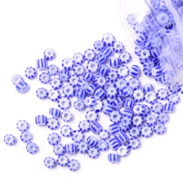 Gestreifte Glasperle, #8, wei&szlig;/dunkelblau, dicht gestreift, 3 mm, 20 gr. ca. 750 Stk.