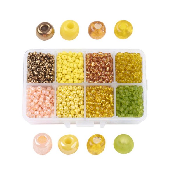 Seed bead mix i ske, 4x3 mm strrelse #6, gul/grn, ca. 1900 perler, 1 stk