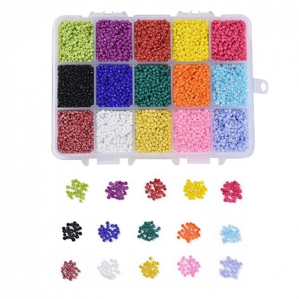 Seed bead mix in box, 2mm size #12, 15 different colors, ca. 10000 beads, 1 pc
