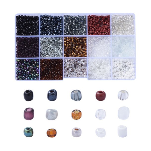 Seed bead mix in box, 4 mm, size #6, grey, brown and white, approx. 1500 beads
