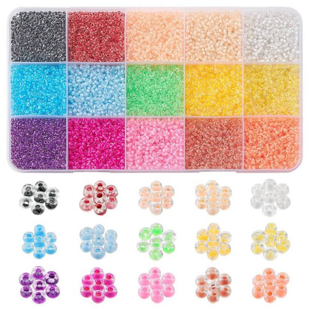 Seed bead mix in box, transparent pastel colours, 2 mm / #11, 15 different, 180 grams