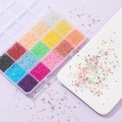 Seed Bead-Mischung in Box, transparente Pastellfarben, 2 mm / #11, 15 verschiedene, 180 Gramm