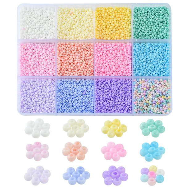 Seed bead mix in box, opaque pastel colours, 2 mm / #13, 12 different, 180 gr.