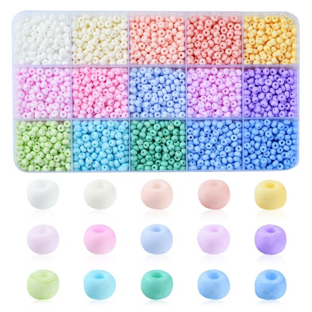 Seed bead mix in box, opaque pastel colours, 4 mm / #6, 15 different, approx. 2200 pcs