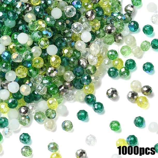 Perlemix, facetterede glas rondeller, 10 gr�nne nuancer, 4x3 mm, ca. 1000 stk.