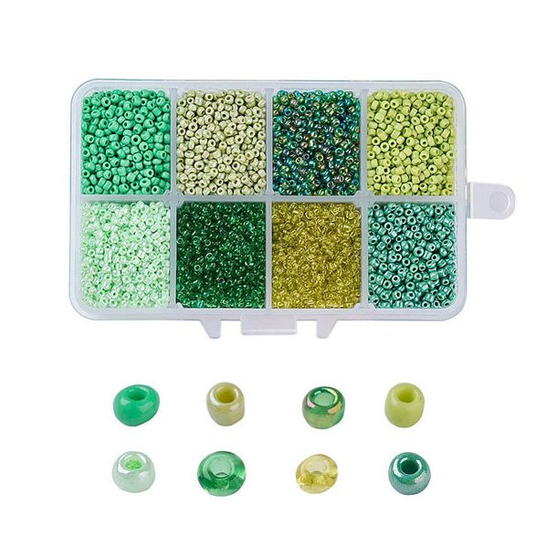 Seed bead mix, size #12, square box, green and turquoise, 2 mm, 12500 beads, 1 pc