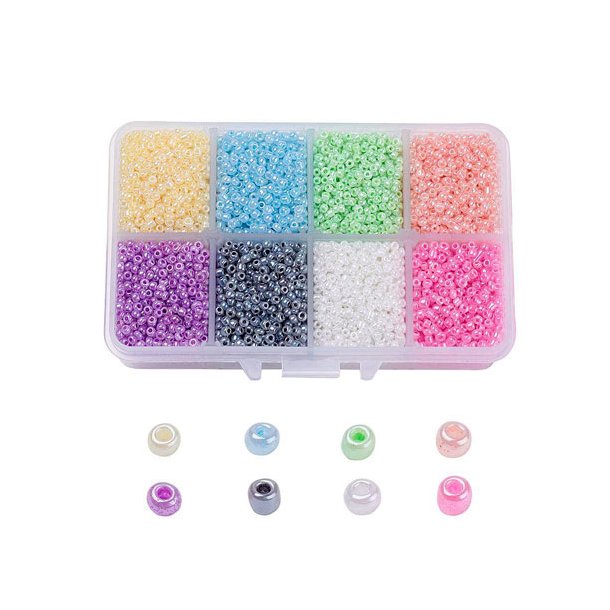Seed beads, size #12, square box, 8 different lustering pastel colors, 2 mm, 12500 beads, 1 pc
