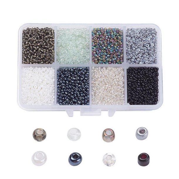 Seed bead mix, size #12, square box, clear, grey, black, 2 mm, 12500 beads, 1 pc